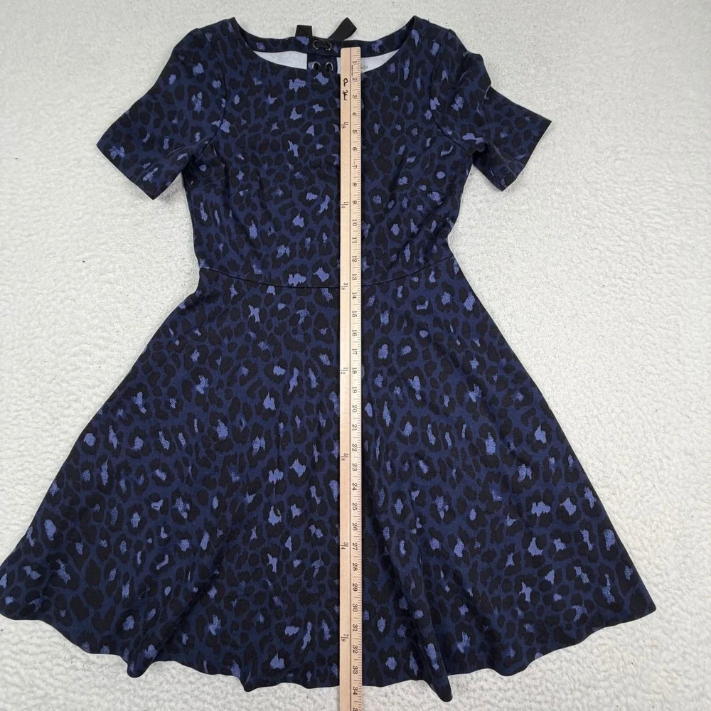 Kate Spade Fit Flare Dress Small Blue Leopard Print Lace Up Back Skater Preppy